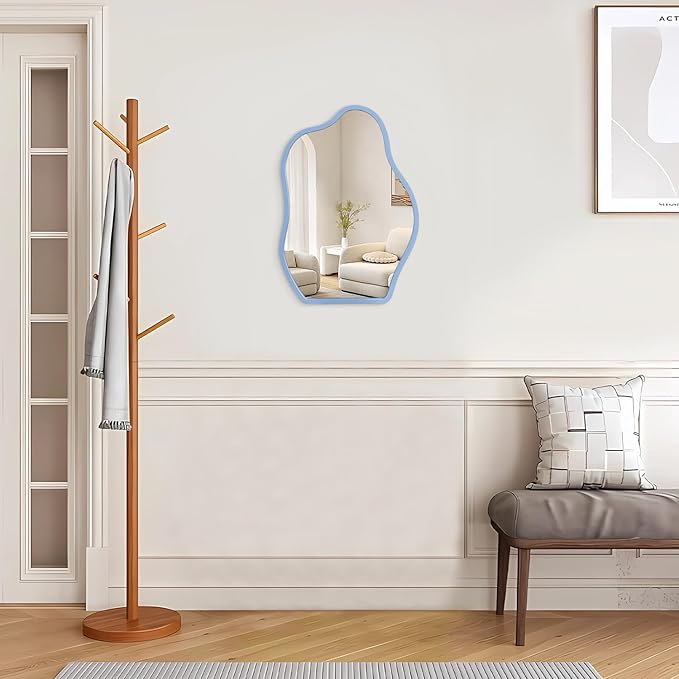 Wall Mirror Blue Asymmetrical Mirror Modern Wood Frame Unique Shape Wall Mounted Vanity Artistic Hanging Mirror Decor for Living Room Bedroom Bathroom Entryway Hallway Small