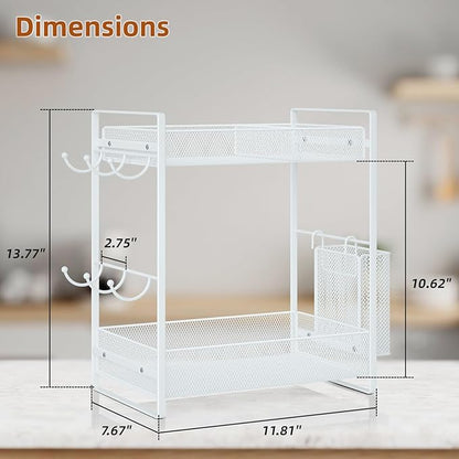 VITVITI Coffee Bar Organizer with Mug Holder, Metal Coffee Station Organizer for Countertop, 2 Tier Cup Mug Holders Rack with Basket for Kitchen Office, White
