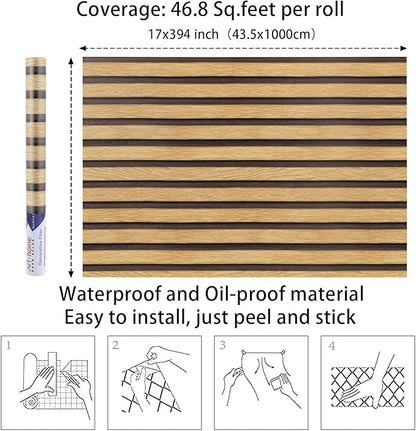 Arthome 17''x393'' Wood Slat Wallpaper Peel and Stick self Adhesive Wood Wallpaper PVC Vinyl Decorative Removable Wallpaper Waterproof Faux Wood Grating Stripe Contact Paper for Living Room Bedroom