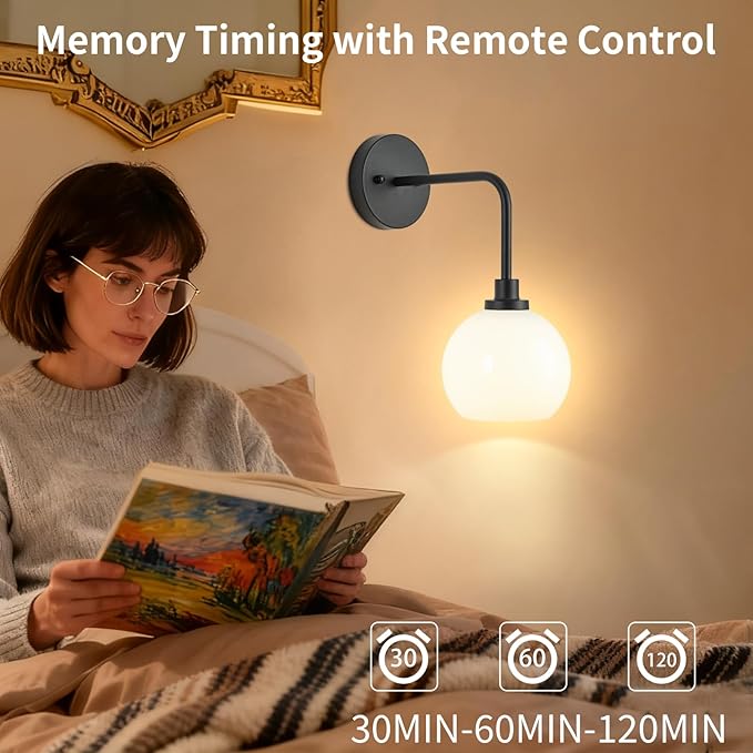 Battery Operated Wall Sconces Set of 2, Black Rechargeable Wireless Wall Lights with Milky White Shade, 12 RGB and 3CCT Dimmable Wall Lamps with Remote for Bedroom Living Room Hallway