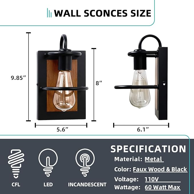 Farmhouse Wall Sconces Lamp Set of Two,Modern Industrial Wall Sconces Lighting Indoor with E26 Base Faux-Wood Color Matte Black Finish,Vintage Wall Mount Light Fixture for Bedroom Living Room Stairway