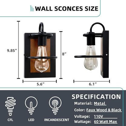Farmhouse Wall Light Fixtures,Modern Industrial Wall Sconces Lighting Indoor with E26 Base Faux-Wood Color Matte Black Finish,Vintage Wall Mount Light Fixture for Bedroom Living Room Bathroom Stairway