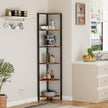 Furnulem 6 Tier Corner Shelf with LED Light, 67.5” Tall Standing Shelf Organizer, Narrow Bookshelf with Storage Rack for Wall Corner, Living Room, Bedroom, Metal Frame, Wood Display Shelf