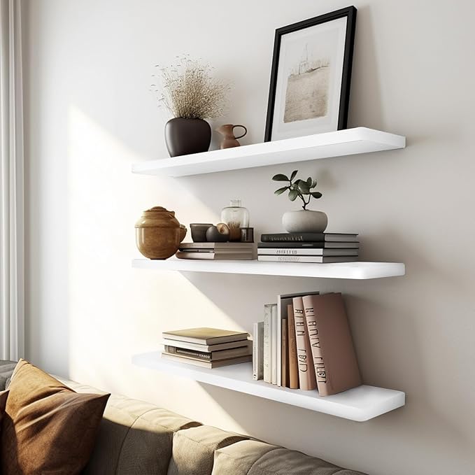 Floating Shelves 16 Inches, Set of 3 Solid Rustic Wood Wall Mounted Shelves (Round Edge), Wall Picture Ledge Shelf with Invisible Metal Brackets for Living Room, Bedroom, Bathroom, White