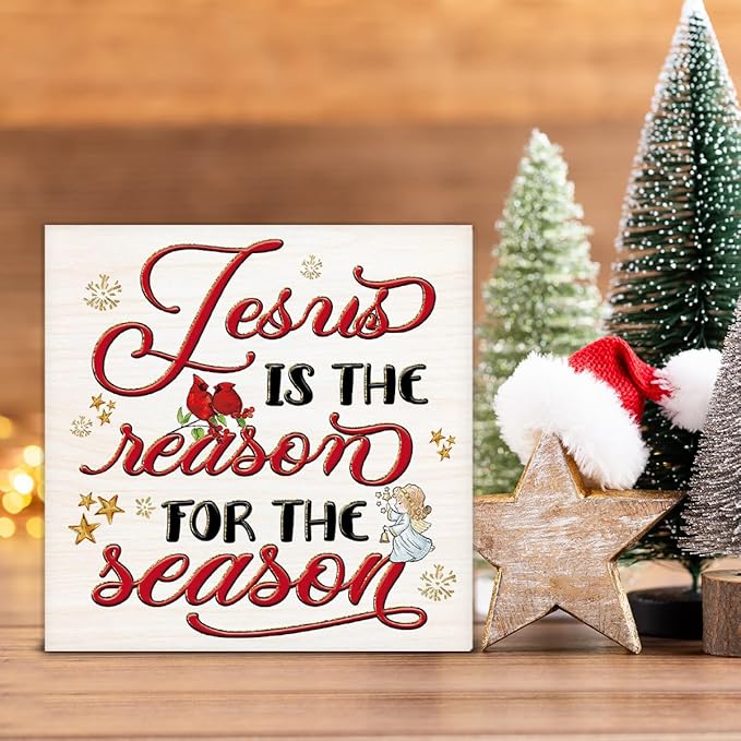 Christmas Sign Decor, Christmas O Holy Night Jesus Decorations, Jesus Is the Reason for the Season Wooden Sign Rustic Home Decor 5 x 5 Inches