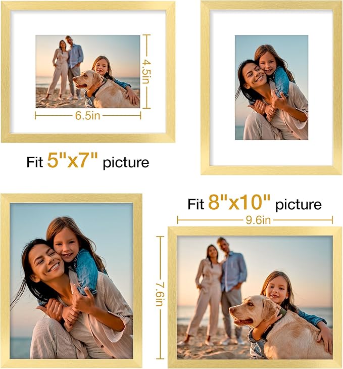 Vittanly 8x10 Picture Frames Set of 4, Display Pictures 5x7 with Mat or 8x10 without Mat, Gallery Wall Frame Set for Wall or Tabletop Display, Engineered Wood with Shatter Resistant Plexiglass, Gold