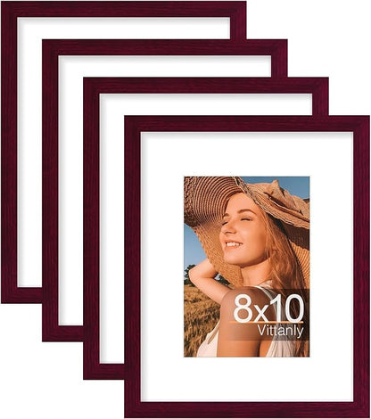 Vittanly 8x10 Picture Frames Set of 4, Display Pictures 5x7 with Mat or 8x10 without Mat, Gallery Frame Set for Wall or Tabletop Display, Engineered Wood with Shatter Resistant Plexiglass, Cherry Red