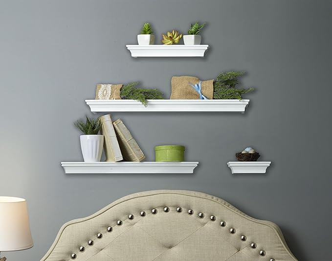 MELANNCO Floating Wall Shelves Set of 4, White Wood Display Shelves for Wall, Includes 6, 12, 20 and 24 Inch Sizes with Raised Edges and Mounting Hardware for Room Decor, Home Decor