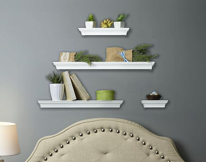 MELANNCO Floating Wall Shelves Set of 4, White Wood Display Shelves for Wall, Includes 6, 12, 20 and 24 Inch Sizes with Raised Edges and Mounting Hardware for Room Decor, Home Decor