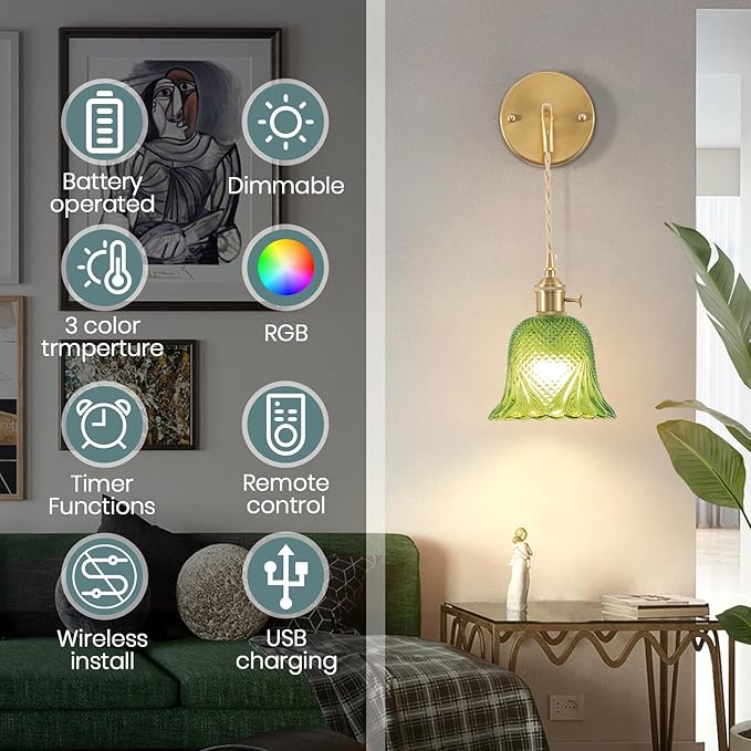 Battery Operated Wall Sconce, Rechargeable Battery Powered Wall Light with Green Glass Lampshade,Wireless Wall sconces with Magnetic RGB Bulbs for Bedroom Living Room Hallway, Wall Decor Set of 2