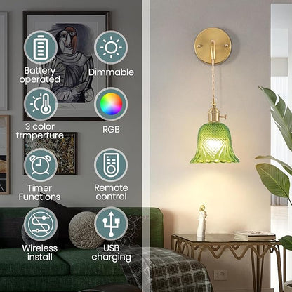 Battery Operated Wall Sconce, Rechargeable Battery Powered Wall Light with Green Glass Lampshade,Wireless Wall sconces with Magnetic RGB Bulbs for Bedroom Living Room Hallway, Wall Decor Set of 2
