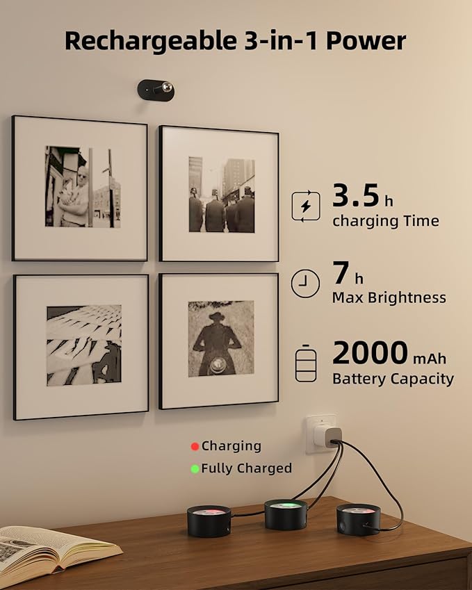 Picture Lights for Wall, 2000mAh Rechargeable Magnetic Art Lights with 3 Color Temps & RGB, Remote Dimmable Battery Operated Wall Light for Bedroom, Living Room, Gallery (Black, 3 Pack)