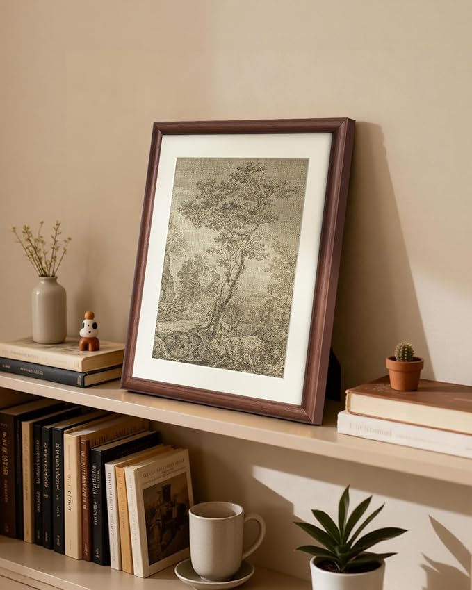 InSimSea Brown Framed Pastoral Tree Wall Art, Vintage Rustic Farmhouse Cottage Landscape Sketch Painting decor for Living Room Study Library Shelf,11x14in, with Acrylic Panel, Canvas Prints Picture