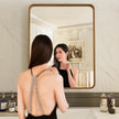 LOAAO 32X36 Inch Bathroom Mirror with Wood Grain Colored Metal Frame, Rounded Rectangle Metal Framed Bathroom Mirror, Anti-Rust, Hangs Horizontally or Vertically, Tempered Glass
