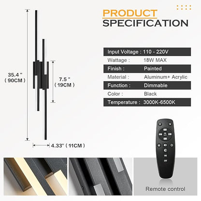 Modern LED Wall Sconce Black Remote Wall Light Fixtures for Bathroom, Dimmable Vanity Light Indoor LED Remote Wall Sconce for Living Dining Room Bedside Bedroom (3000-6500K 35.4inch)