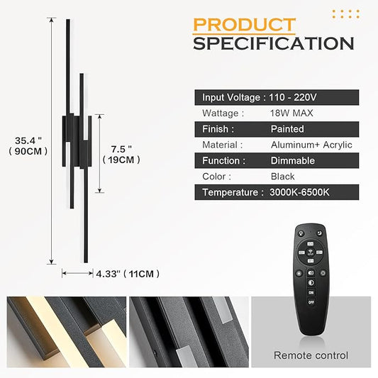 Modern LED Wall Sconce Black Remote Wall Light Fixtures for Bathroom, Dimmable Vanity Light Indoor LED Remote Wall Sconce for Living Dining Room Bedside Bedroom (3000-6500K 35.4inch)