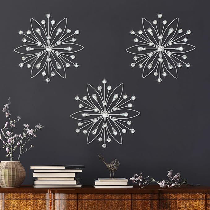 ZEXUIRU 3 Pack Silver Sunburst Wall Decor – Metal Crystal Wall Art with Sparkling Rhinestones, 14’’/18 Inch Starburst Wall Hanging Set for Living Room Bedroom Bathroom – Modern Bling Home Decorations