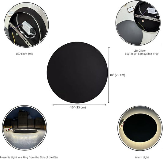 Black Modern Wall Sconce Round Disc Sconces Wall Lighting Metal Circular Stairwell Lighting 3000K Warm LED Wall Lights for Living Room Bedroom Stairway - 10"