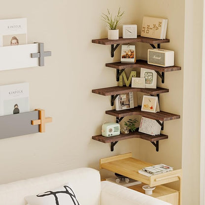 Fixwal Floating Shelves for Wall, Rustic Wood Wall Mounted Corner Shelf for Bathroom, Kitchen, Bedroom, Home Decor, Laundry Room, Living Room, Set of 5 (Walnut Brown)
