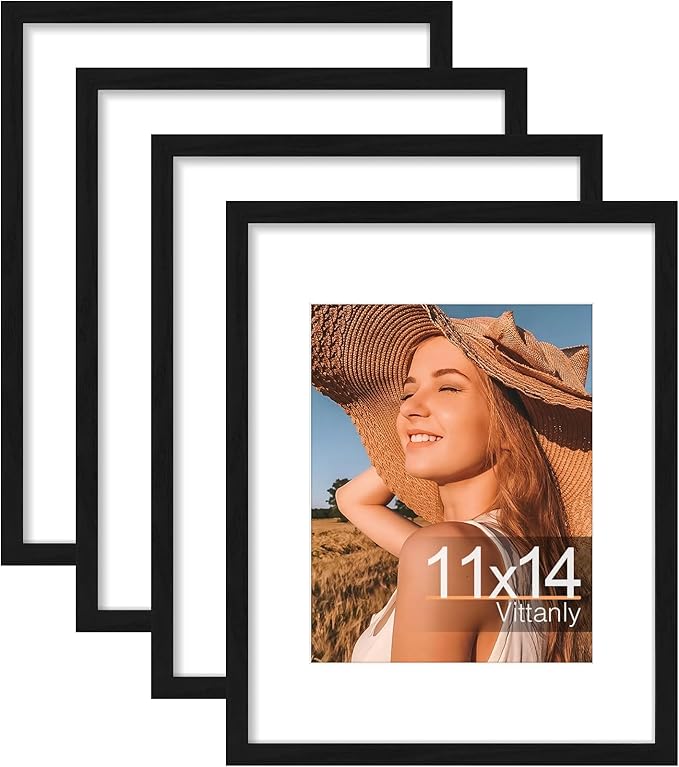 Vittanly 11x14 Picture Frame Set of 4, Display Pictures 8x10 with Mat or 11x14 without Mat, Engineered Wood with Shatter Resistant Plexiglass, Wall Gallery Photo Frames for Wall or Tabletop, Black