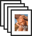 Vittanly 11x14 Picture Frame Set of 4, Display Pictures 8x10 with Mat or 11x14 without Mat, Engineered Wood with Shatter Resistant Plexiglass, Wall Gallery Photo Frames for Wall or Tabletop, Black