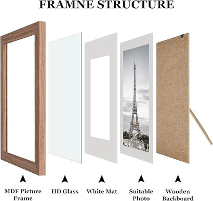 Picture Frames, Made of Real Glass and Wooden Frame, Gallery Photo Frames Set of 10 for Collage Wall Decor, Multi Sizes Including 8x10, 5x7, 4x6 for Mounting or Tabletop Display, Light Brown