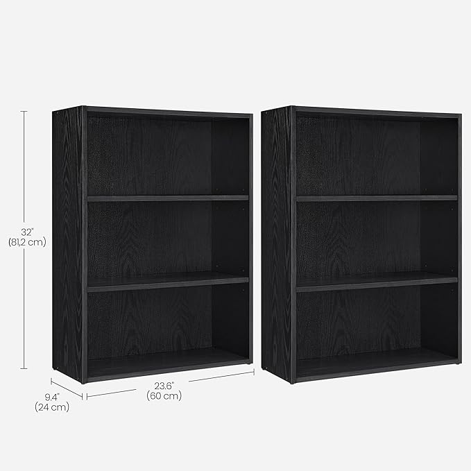 VASAGLE Set of 2 Bookshelves, 23.6 Inches Wide, 3-Tier Open Bookcases with Adjustable Storage Shelves, Floor Standing Units, Ebony Black ULBC163T56-2