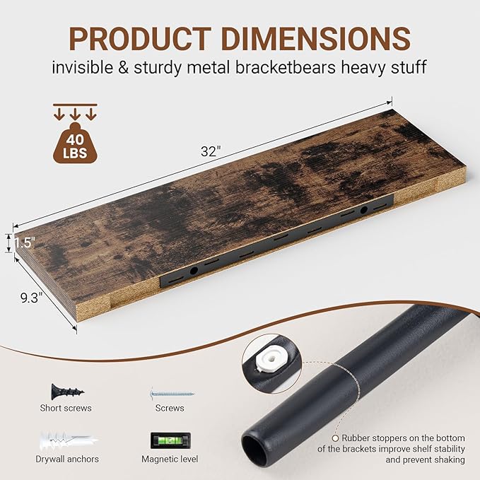 Heimlove 32 Inch Floating Shelves for Wall,Rustic Brown 9.3