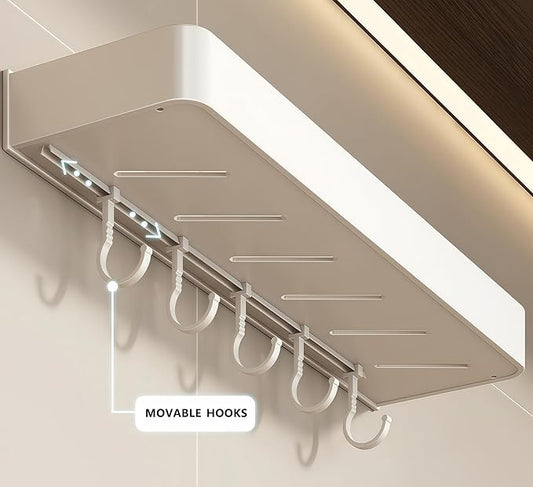 SEIDO Space-Saving Kitchen Utensil Holder | No-Drill Shelf Organizer | Wall Mount Spice Rack with Hooks | Space Aluminum | 24 Inch Long | White
