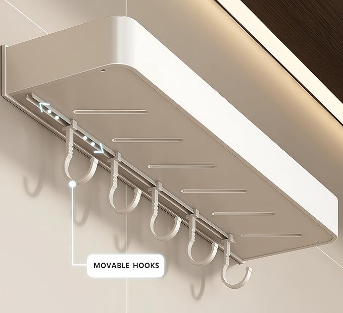 SEIDO Space-Saving Kitchen Utensil Holder | No-Drill Shelf Organizer | Wall Mount Spice Rack with Hooks | Space Aluminum | 24 Inch Long | White