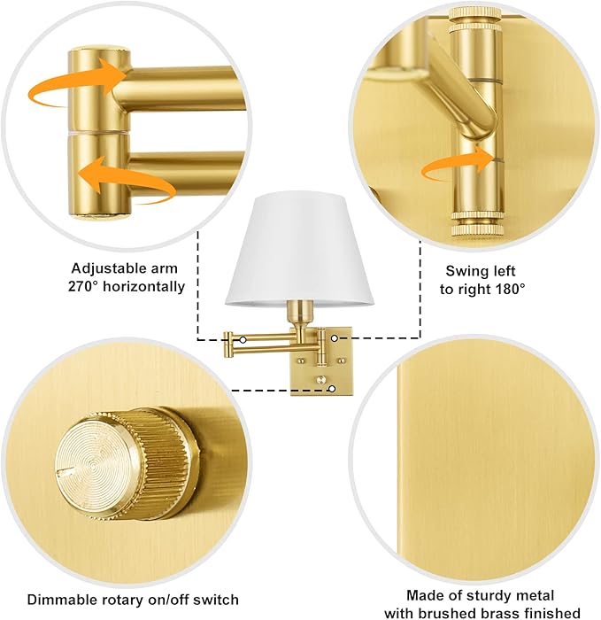 TRLIFE Wall Sconce Plug in, Brushed Brass Dimmable Wall Sconces Set of 2 Swing Arm Wall Lights with Plug in Cord and Dimmer On/Off Knob Switch, 9.4