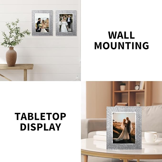6x8 Picture Frame Glass 2 Pack, Sparkly Glitter Photo Frame 6 x 8 Mirror Crystal Wedding Gift Wall and Tabletop Display
