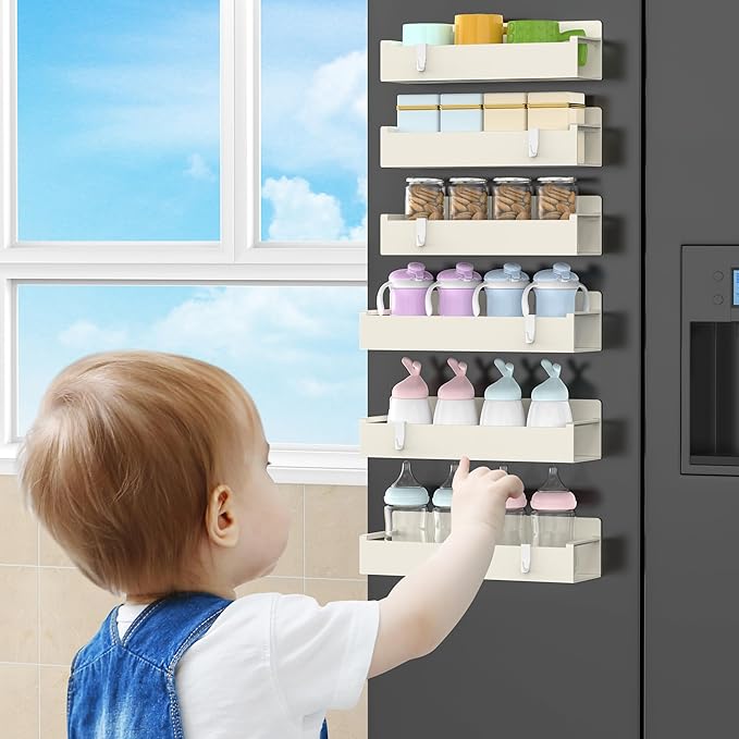 6 Pack Magnetic Spice Rack Organizer for Refrigerator and Oven, Cream White Fridge Organizers and Storage for Kitchen