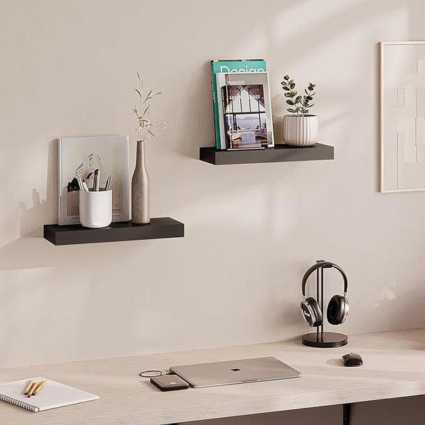 Ballucci Floating Shelves, 2-Pack 16" Wood Wall Shelf Set with Invisible Brackets for Bathroom, Living Room, Bedroom, Kitchen, Nursery, 6" Deep, Black