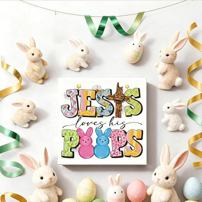 Christian Easter Decor Jesus Loves His Peeps Wooden Sign, Religious Cross Bunny Easter Decorations for Home, Farmhouse Front Door Wall Hanging Decor, Easters Gift for Women Men