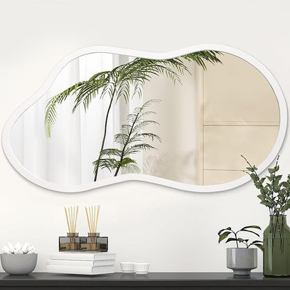 AAZZKANG Small Wall Mirror with Irregular Wood Framed Decorative White Hanging Mirrors for Bedroom Dressing Room Living Room Bathroom Entryway