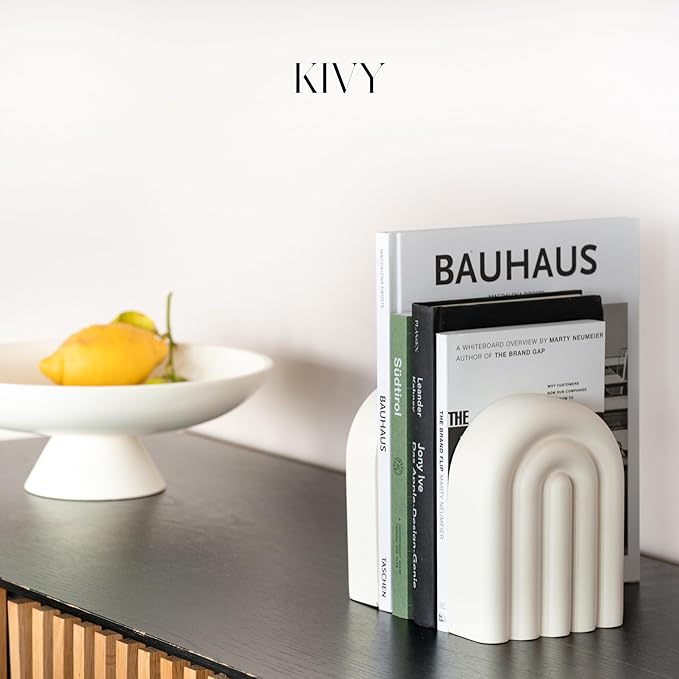 KIVY Concrete Book Ends for Shelves [Heavy Duty BOOKENDS] - Bookends Decorative for Heavy Books - Modern Trendy Book Ends - Book Stopper for Shelves - Book Holders for Shelves (White Bookends)