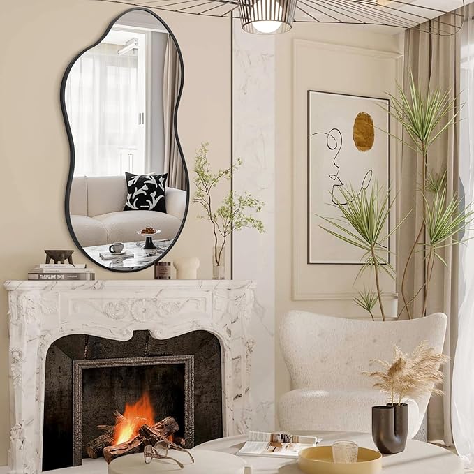 JJUUYOU Irregular Wall Mirror Black Metal Framed Decorative Asymmetrical Bathroom Mirrors Large 26"x47" for Living Room Bedroom Entryway Hanging Home Decor