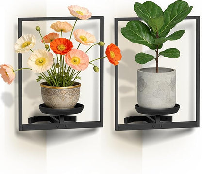 BXF Corner Wall Planters for Indoor Plants, 90 Degree Floating Shelves. Heavy Duty Mounted Holder, Minimalist Hanging Decor. Window Shelf Fits 4-7 Inch Pots (Black, Frame 2 Pack)