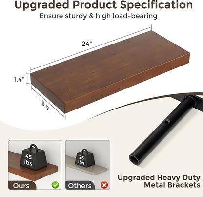 Axeman 24 Inch Floating Shelves for Wall, 9.3" Deep High End Solid Real Wood Wall Shelves with Heavy Duty Invisible Bracket for Living Room, Bedroom, Kitchen, Bathroom, Set of 2, Walnut Finish