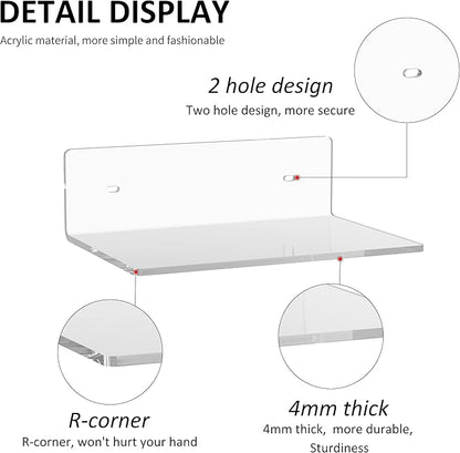 9 Inches Acrylic Wall Shelves 2 Pack, Floating Shelf for Wall Mounting, Acrylic Display Ledges for Funko Pop Figures, Home Décor, Living Room, Gaming Room, Plants(9 inch, Clear)