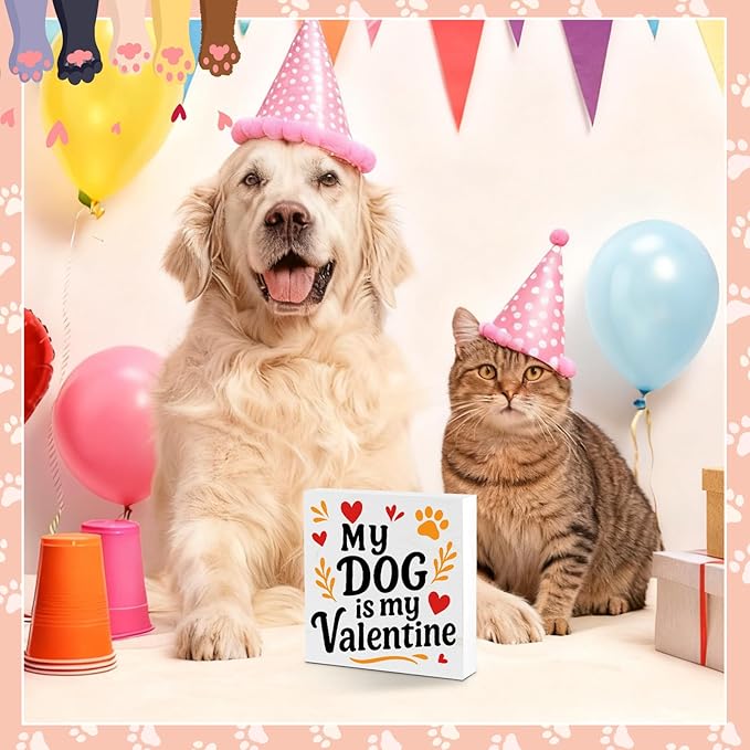 Valentines Cat Dog Desk Decor, Valentine's Day Gifts for Cats Dogs Lover Pet Parent, Home Office Table Sign Decoration for Shelf Tiered Tray, My Dog Is My Valentine