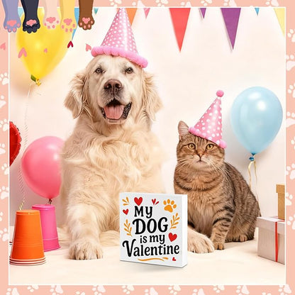Valentines Cat Dog Desk Decor, Valentine's Day Gifts for Cats Dogs Lover Pet Parent, Home Office Table Sign Decoration for Shelf Tiered Tray, My Dog Is My Valentine