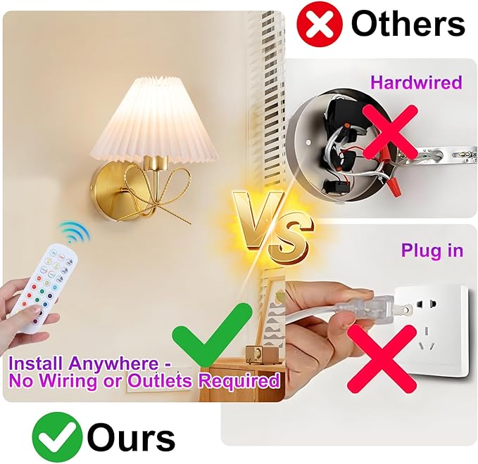 ADISUN Modern Wall Sconce Set of Two, Battery Operated Wall Sconce Remote Control Dimmable Wall Lamp Wireless Sconces for Living Room Bathroom Dining Room Corridor Staircase