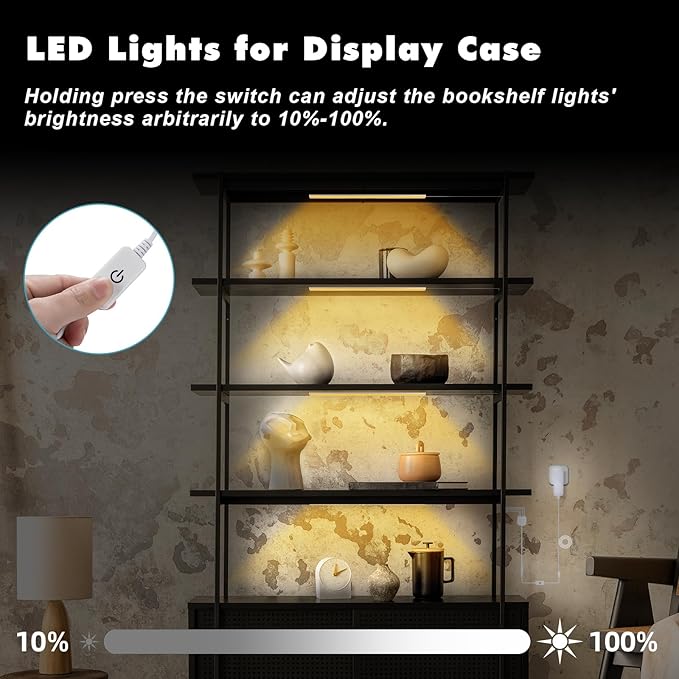 JUSJUBR 4PCS x 12inch Display Cabinet Lights Warm White, Dimmable LED Shelf Lighting with Memory Function, Bookshelf Lighting, LED Lights for Display Case/Pantry/Closet/Safe, 3000K