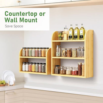 3 Tier Bamboo Spice Rack, Countertop or Wall Mounting Wood Spice Jars Organizer Shelf for Kitche, Pantry (Natural)