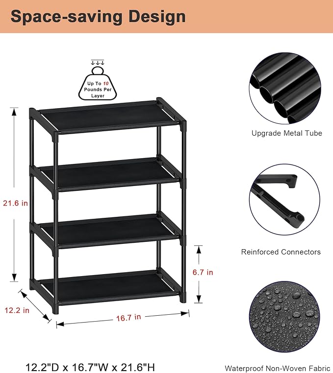 4 Tiers Small Shoe Rack,Narrow Stackable Shoe Shelf Organizer,Sturdy Shoe Stand, Non-Woven Fabric Metal Shoe Racks for Entryway, Doorway and Bedroom Closet