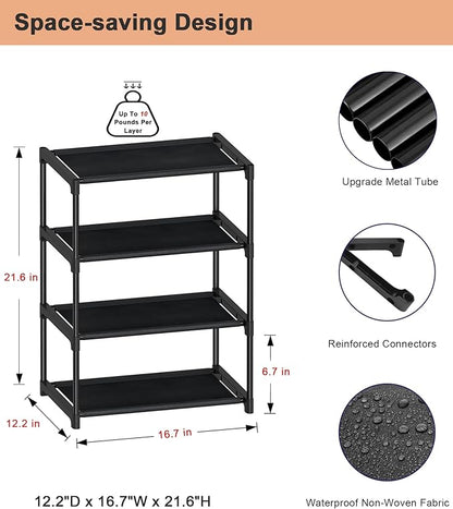 4 Tiers Small Shoe Rack,Narrow Stackable Shoe Shelf Organizer,Sturdy Shoe Stand, Non-Woven Fabric Metal Shoe Racks for Entryway, Doorway and Bedroom Closet