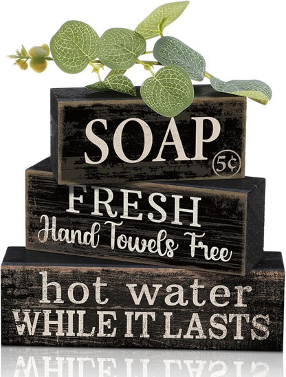 4 Pcs Bathroom Shelf Decor Sign Farmhouse Bathroom Decor and Accessories Rustic Eucalyptus Leaves Block Sign Soap Fresh Hand Towel Free Table Centerpiece for Home Toilet Hotel Campsite