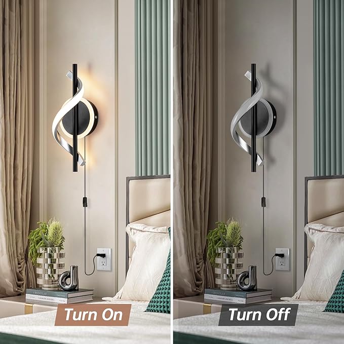 Black Plug in Wall Sconces Sets of 2, 12W Modern Spiral LED Wall Lamp, 3000K Warm White Wall Light Fixture for Stairs Living Room Bedroom Aisle Hallway